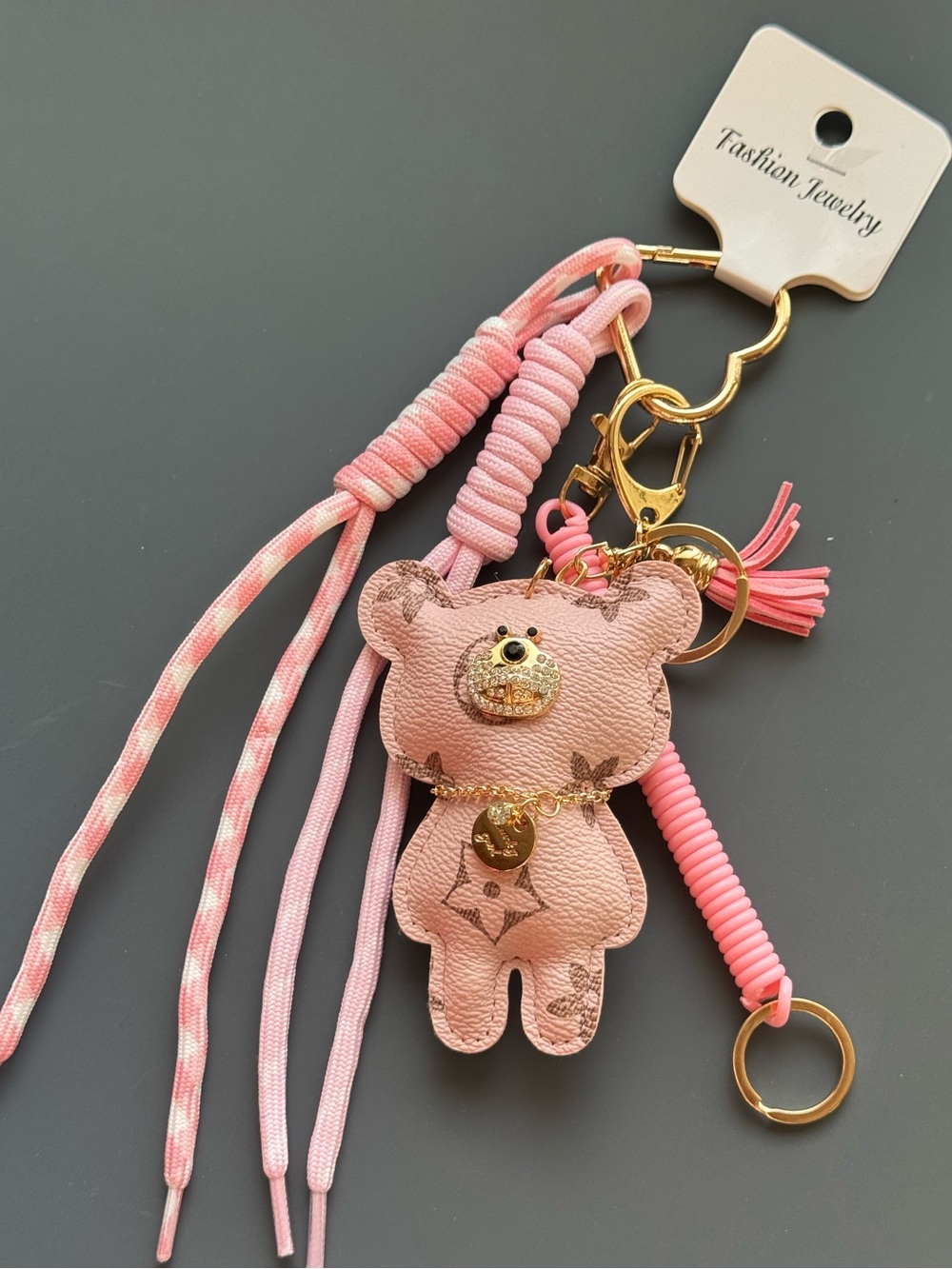 Pink Floral Bear Bag Charm Keychain Gold Accent Coordinating Cord NWT